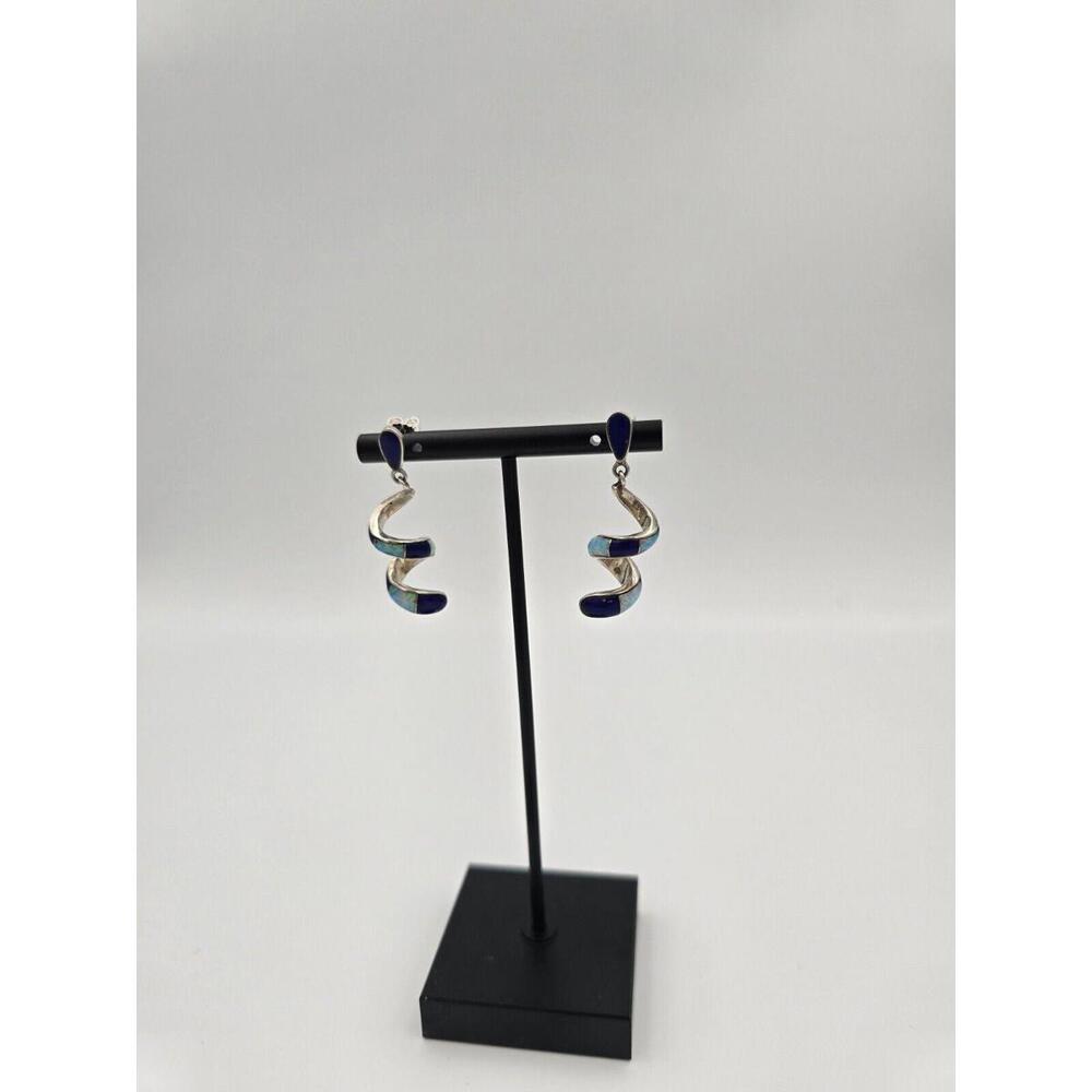 Sterling Silver Lapis/Opal Inlay Spiral Dangle Earrings